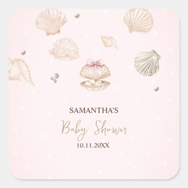 Pegatina Cuadrada Little Pearl Seashells Dots Baby Shower (Anverso)