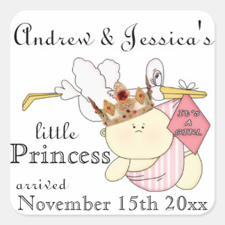 Pegatina Cuadrada Little Princess-Stork/Baby-Personalizar Nombres/Fe
