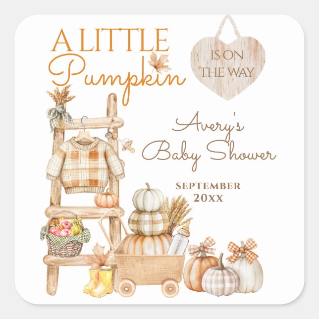 Pegatina Cuadrada Little Pumpkin Fall Locally Grown Baby Shower (Anverso)