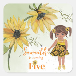 Pegatina Cuadrada Little Sunflower Watercolor Quinto Chica Cumpleaño