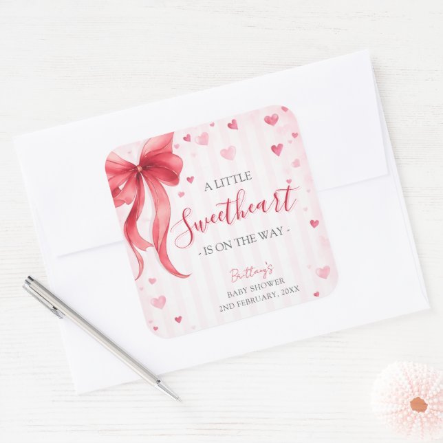 Pegatina Cuadrada Little Sweetheart Valentines Baby Shower  (Sobre)