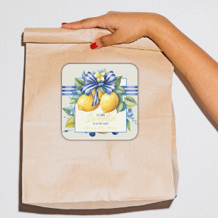 Pegatina Cuadrada Little Sweetie Blue Bow Tile Lemon Baby Shower