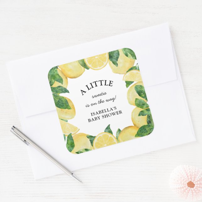 Pegatina Cuadrada Little Sweetie Lemon Baby Shower (Sobre)