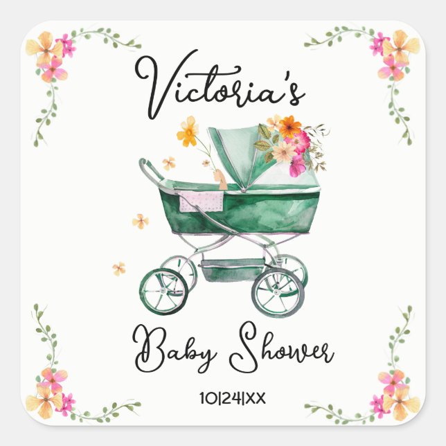 Pegatina Cuadrada Little Wildflower Baby Shower (Anverso)
