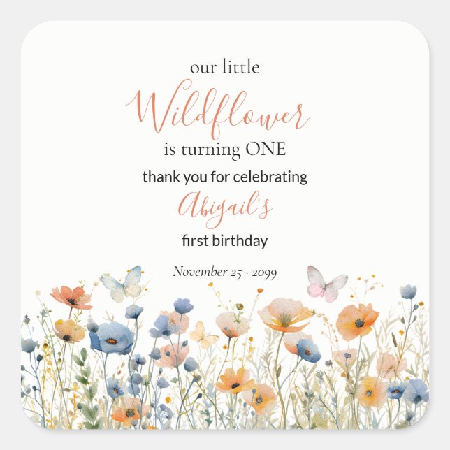 Pegatina Cuadrada Little Wildflower Butterfly Meadow 1st Birthday (Anverso)