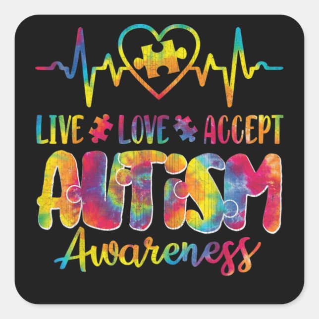 Pegatina Cuadrada Live Love Accept Autism Awareness Support Aceptabl (Anverso)