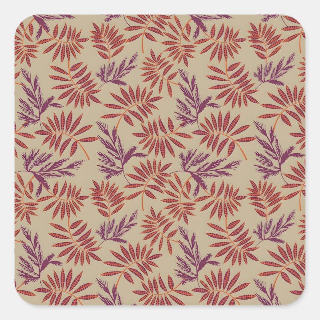 Pegatina Cuadrada Lively Red and Purple Leaf Motifs on Neutral Beige (Anverso)