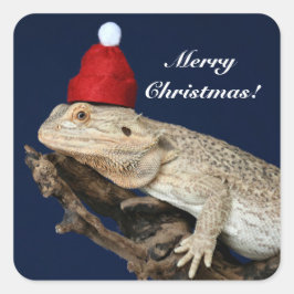 Pegatina Cuadrada Lizard Dragon con barba personalizada - Santa Hat