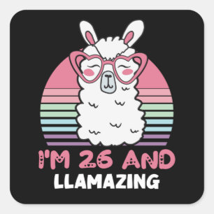 Pegatina Cuadrada Llama a 26 cumpleaños de cumpleaños, cumpleaños de