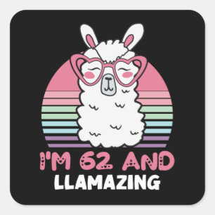 Pegatina Cuadrada Llama a cumpleaños número 62 a cumpleaños