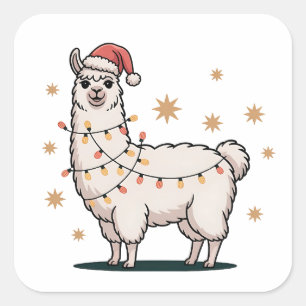 Pegatina Cuadrada Llama Alpaca Con Gorro De Santa Y Luces De Navidad