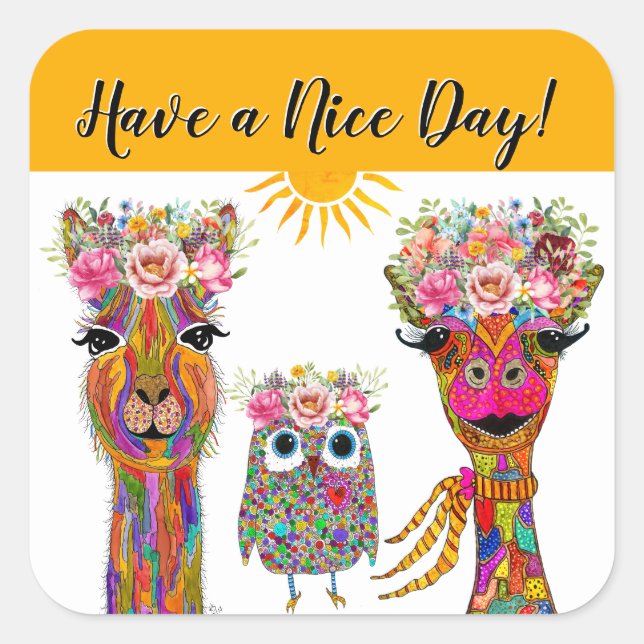 Pegatina Cuadrada Llama, búho y animal de la jirafa (Anverso)