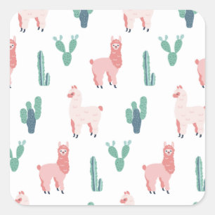 Pegatina Cuadrada Llama Cactus Cute Animales Divertidos Patrones Cua