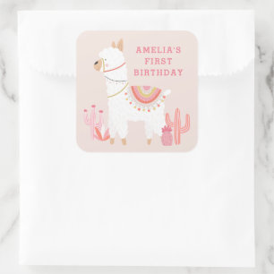 Pegatina Cuadrada Llama completa, diversión, rosa, primer cumpleaños
