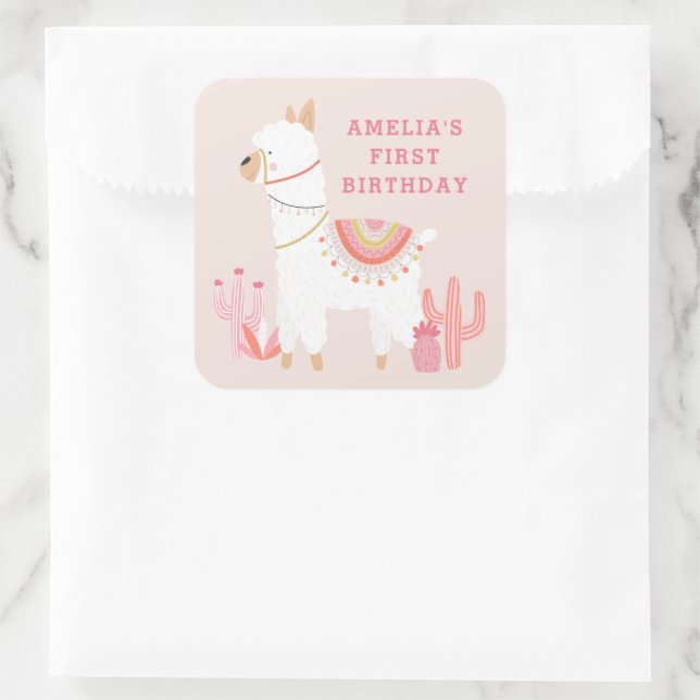 Pegatina Cuadrada Llama completa, diversión, rosa, primer cumpleaños (Bolso)