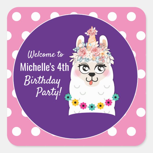 Pegatina Cuadrada Llama | Cumpleaños mágico personalizado de Llamaco (Anverso)