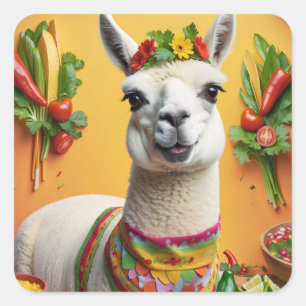 Pegatina Cuadrada Llama cura de fiesta mexicana