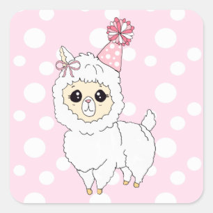 Pegatina Cuadrada Llama cuta con Gorra de cumpleaños