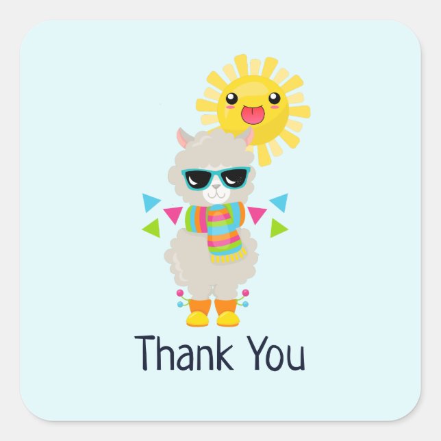 Pegatina Cuadrada Llama de Guay y Sol sonriente Kawaii gracias (Anverso)