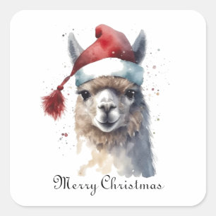 Pegatina Cuadrada Llama de Navidad Sombrero de Santa con Texto Perso