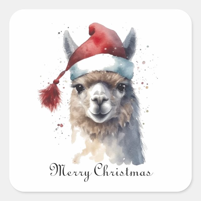 Pegatina Cuadrada Llama de Navidad Sombrero de Santa con Texto Perso (Anverso)