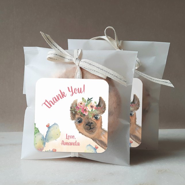 Pegatina Cuadrada Llama Personalizada (Personalized llama party favor stickers.)