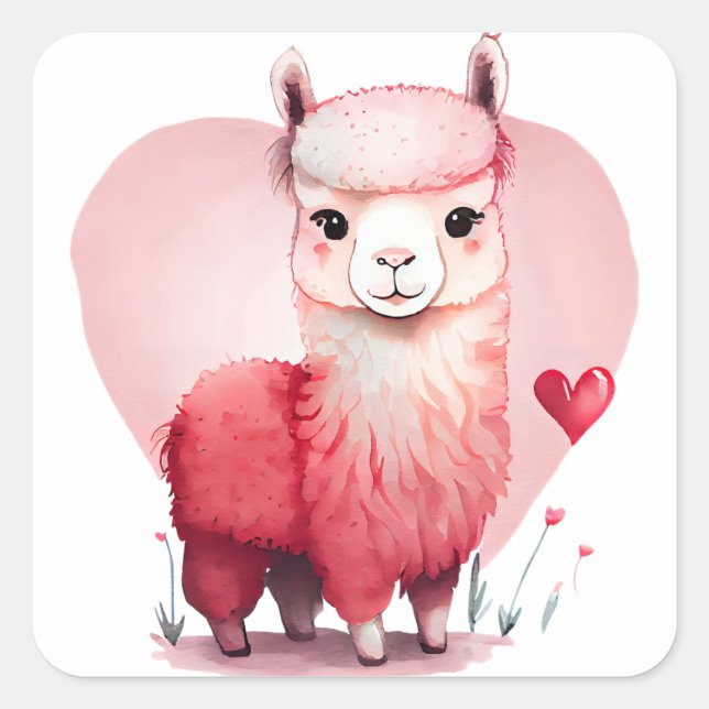 Pegatina Cuadrada Llama Valentine rosa de corazón lindo (Anverso)