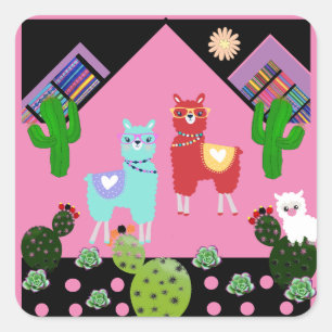Pegatina Cuadrada Llama y Cactus