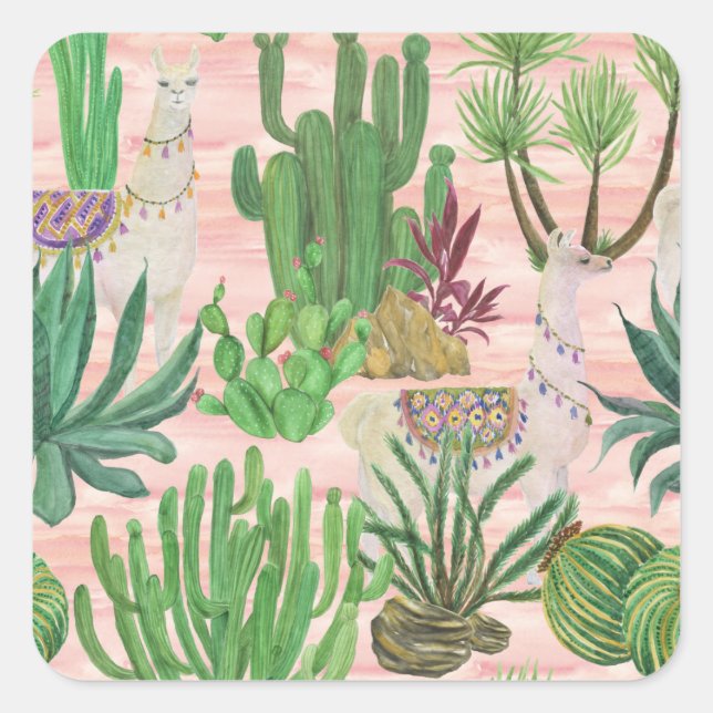 Pegatina Cuadrada Llamas acuarelas y patrones de cactus. (Anverso)