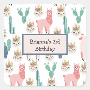 Pegatina Cuadrada Llamas rosadas lindas personalizadas y cactus verd