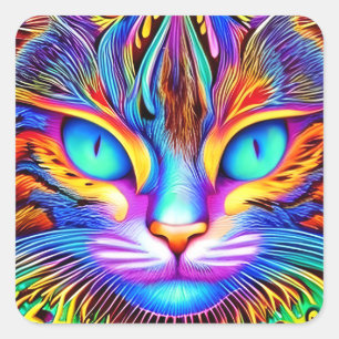 Pegatina Cuadrada Llamativo Tea eyes Colorful Ai Generó Gato