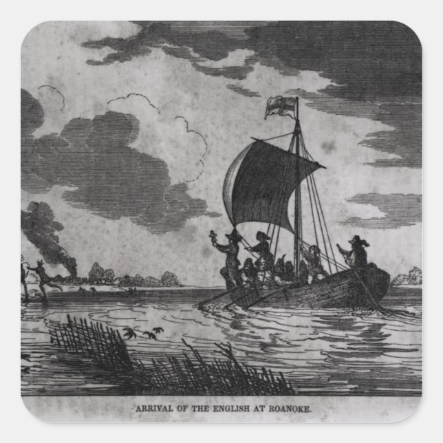 Pegatina Cuadrada Llegada de los ingleses a Roanoke (Anverso)