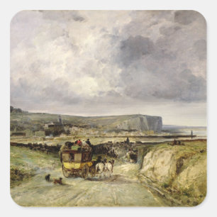 Pegatina Cuadrada Llegada de una diligencia en Treport, 1878