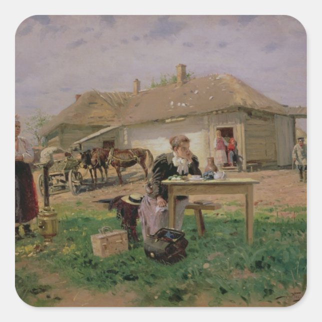 Pegatina Cuadrada Llegada de una maestra a la escuela (Anverso)