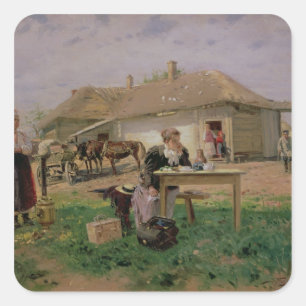 Pegatina Cuadrada Llegada de una señora de la escuela en