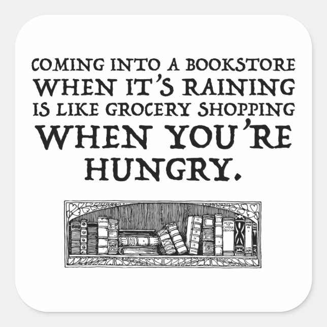 Pegatina Cuadrada Llegar a una librería cuando llueve (Anverso)