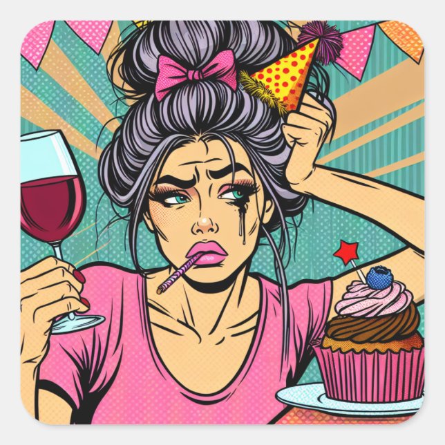 Pegatina Cuadrada Llorar si quieres Pop Art Birthday (Anverso)