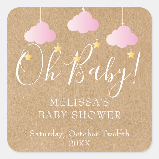 Pegatina Cuadrada Lluvia de bebé Rustic Kraft Twinkle Twinkle Oh Bab (Anverso)