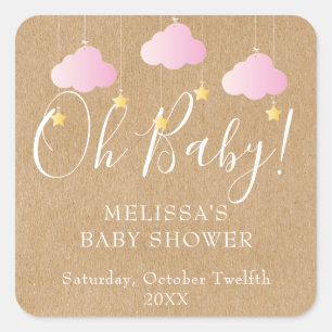 Pegatina Cuadrada Lluvia de bebé Rustic Kraft Twinkle Twinkle Oh Bab