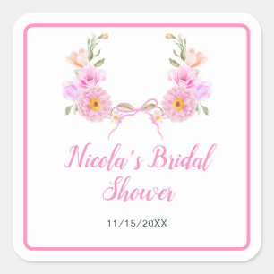 Pegatina Cuadrada Lluvia de Boda con Cinta Floral Rosa