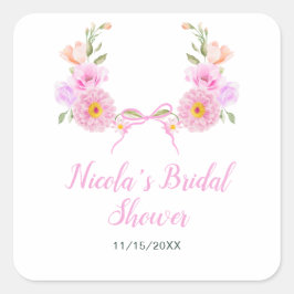 Pegatina Cuadrada Lluvia de Boda con Lazo Floral Rosa