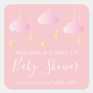 Pegatina Cuadrada Lluvia de estrellas baby shower suave rosa