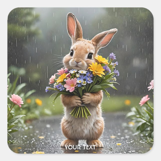 Pegatina Cuadrada Lluvia de flores de conejito dulce (Anverso)