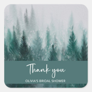 Pegatina Cuadrada Lluvia de Novia Bosque de Pinos Acuarela Verde