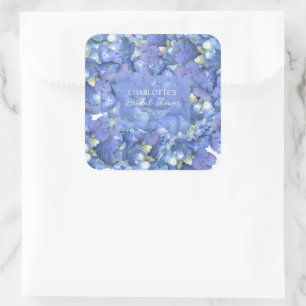 Pegatina Cuadrada Lluvia de Novia Personalizada con Hortensias Azule