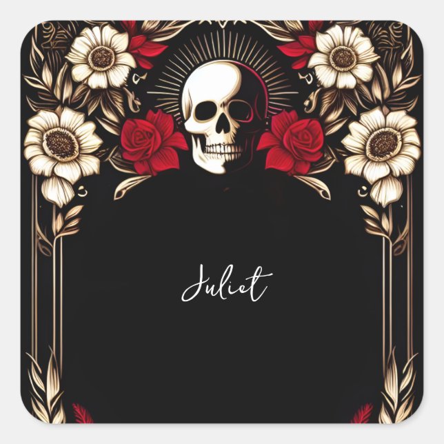 Pegatina Cuadrada Lluvia de Novia Rubí Claret Corazón Rojo y Negro (Anverso)