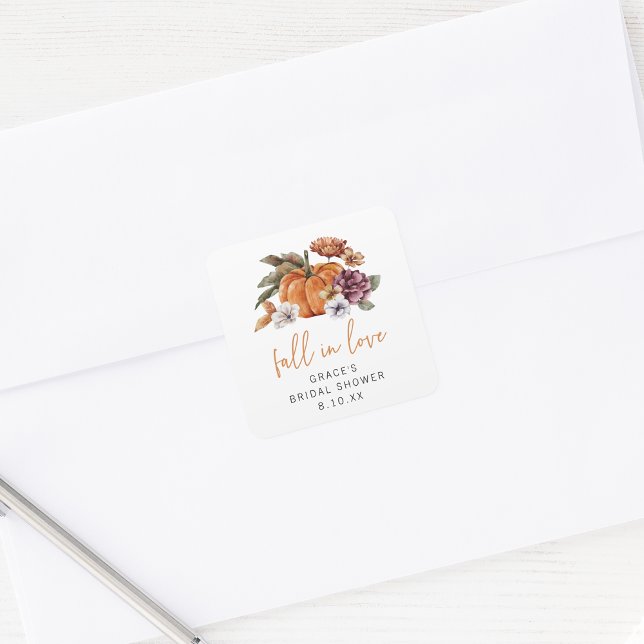 Pegatina Cuadrada Lluvia de Regalos para Novia (Fall In Love Bridal Shower Pumpkin and Watercolor Florals Envelope Seal Sticker by Painted Paperie)