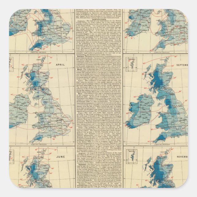 Pegatina Cuadrada Lluvia, temperatura, Islas Británicas (Anverso)