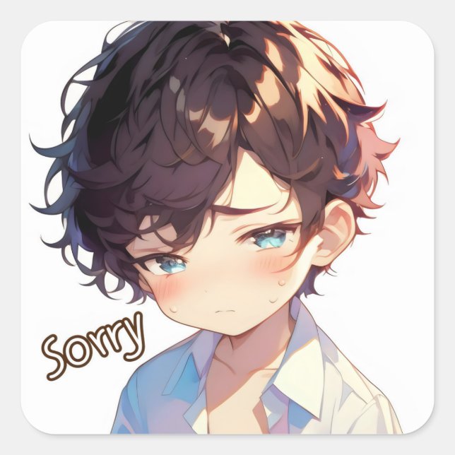 Pegatina Cuadrada Lo siento Anime Boy Sad (Anverso)