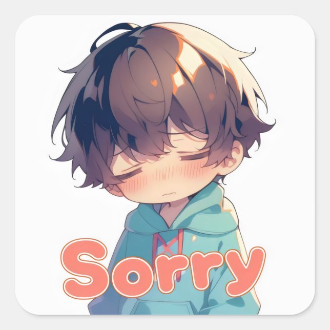 Pegatina Cuadrada Lo siento Anime Boy Sad Face (Anverso)